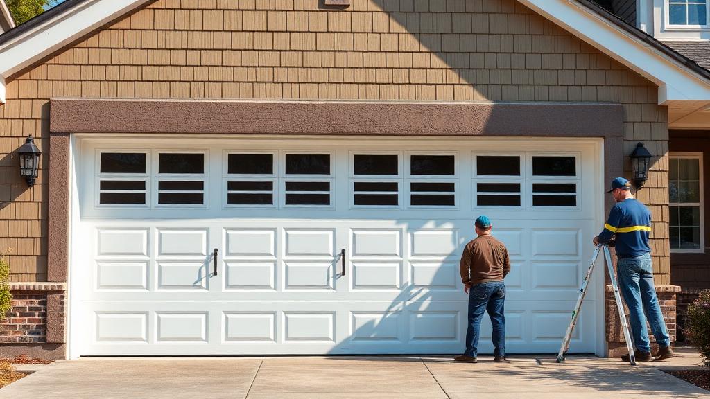 Professional technicians installing premium insulated garage door on luxury home exterior