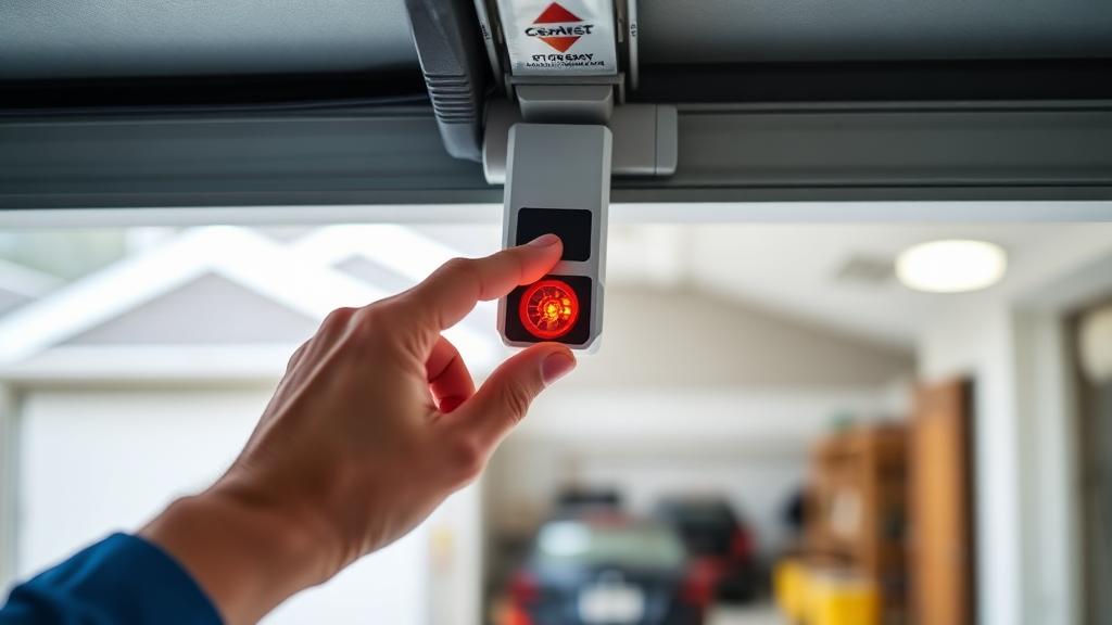 Technician testing garage door safety reversal photo-eye sensor in residential garage