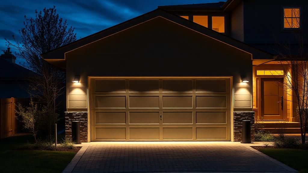 Modern home exterior at dusk with motion-activated security lights illuminating garage door and driveway
