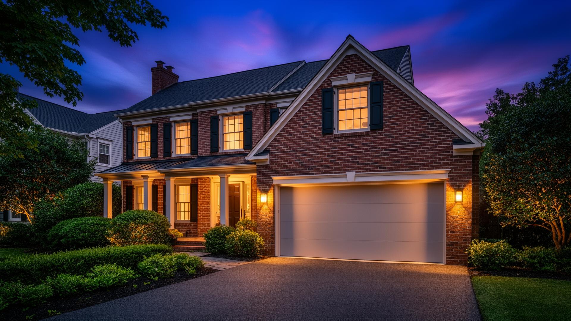 Elegant colonial home with modern flush panel garage door at dusk